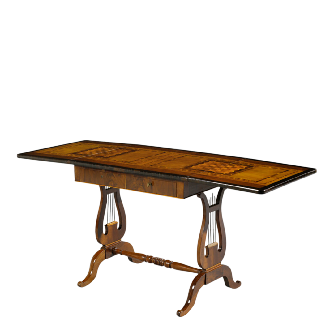 19thc Italian : various inlaid wood game table w/lyre base