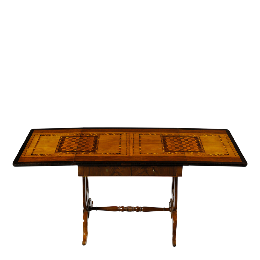 19thc Italian : various inlaid wood game table w/lyre base