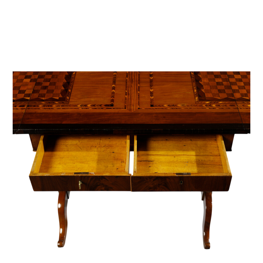 19thc Italian : various inlaid wood game table w/lyre base