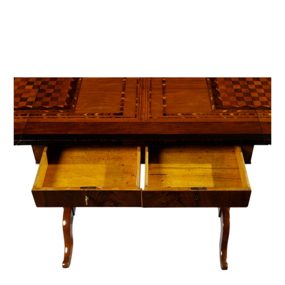 19thc Italian : various inlaid wood game table w/lyre base