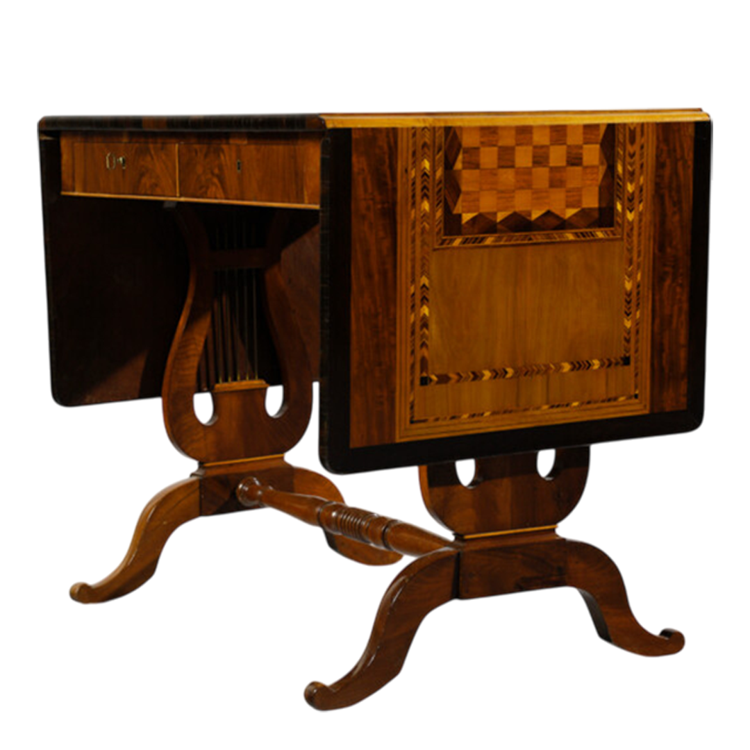 19thc Italian : various inlaid wood game table w/lyre base