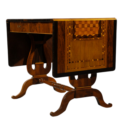 19thc Italian : various inlaid wood game table w/lyre base