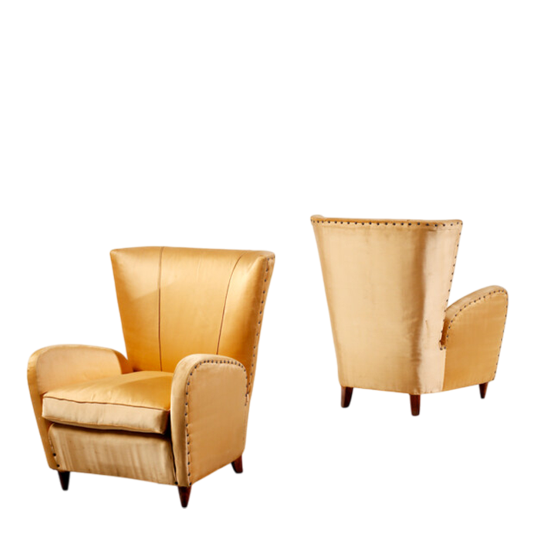 1950s Italian : pair of classic modernist armchairs in gold satin