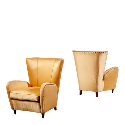 1950s Italian : pair of classic modernist armchairs in gold satin