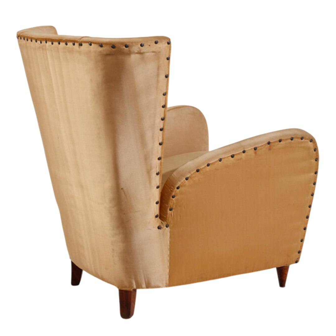1950s Italian : pair of classic modernist armchairs in gold satin