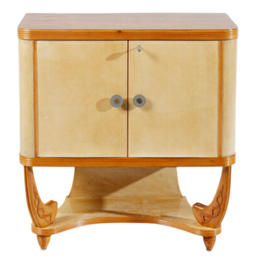 1940s Italian : diminutive 36" Milanese parchment clad cabinet