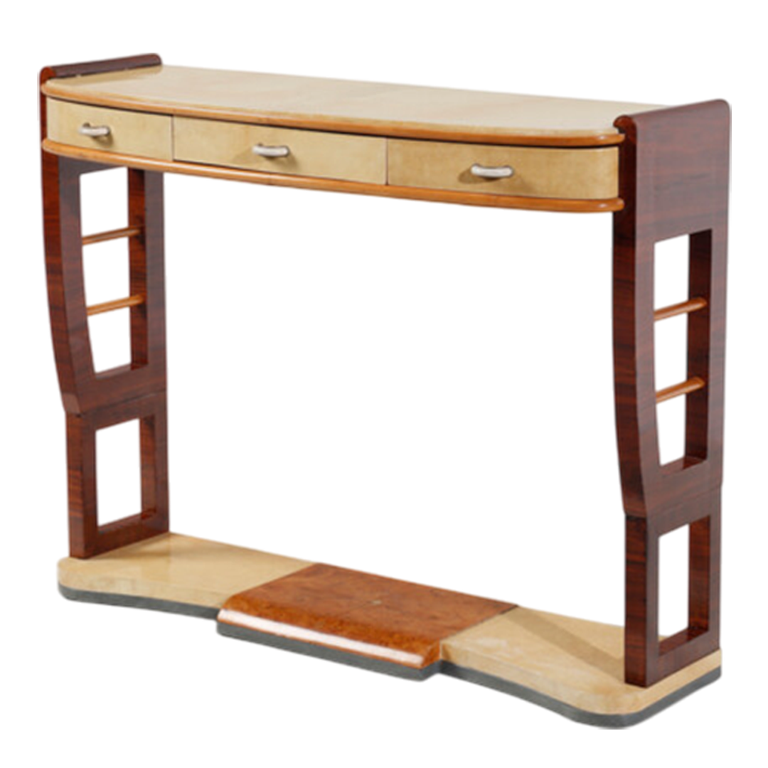 late 1930s Italian : luxury 48" parchment console with maplewalnut