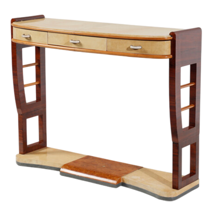 late 1930s Italian : luxury 48" parchment console with maplewalnut