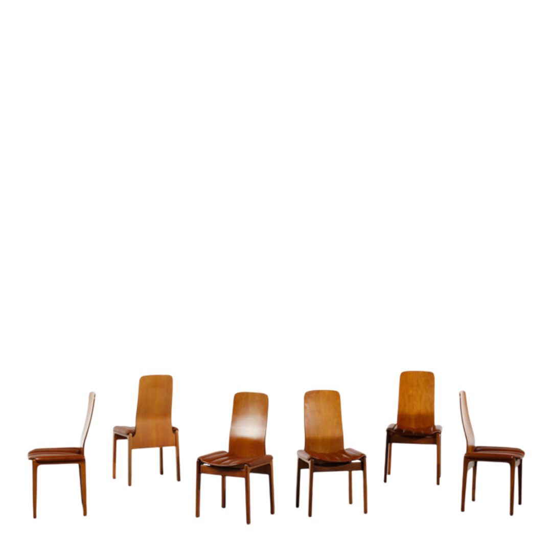 1968 Tito Agnoli : set six Fiorenza dining chairs, walnut & skai