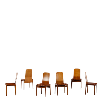 1968 Tito Agnoli : set six Fiorenza dining chairs, walnut & skai