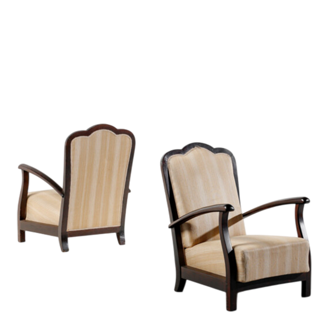 1930s Italian : pair dark-stained beechwood Novocentro armchairs
