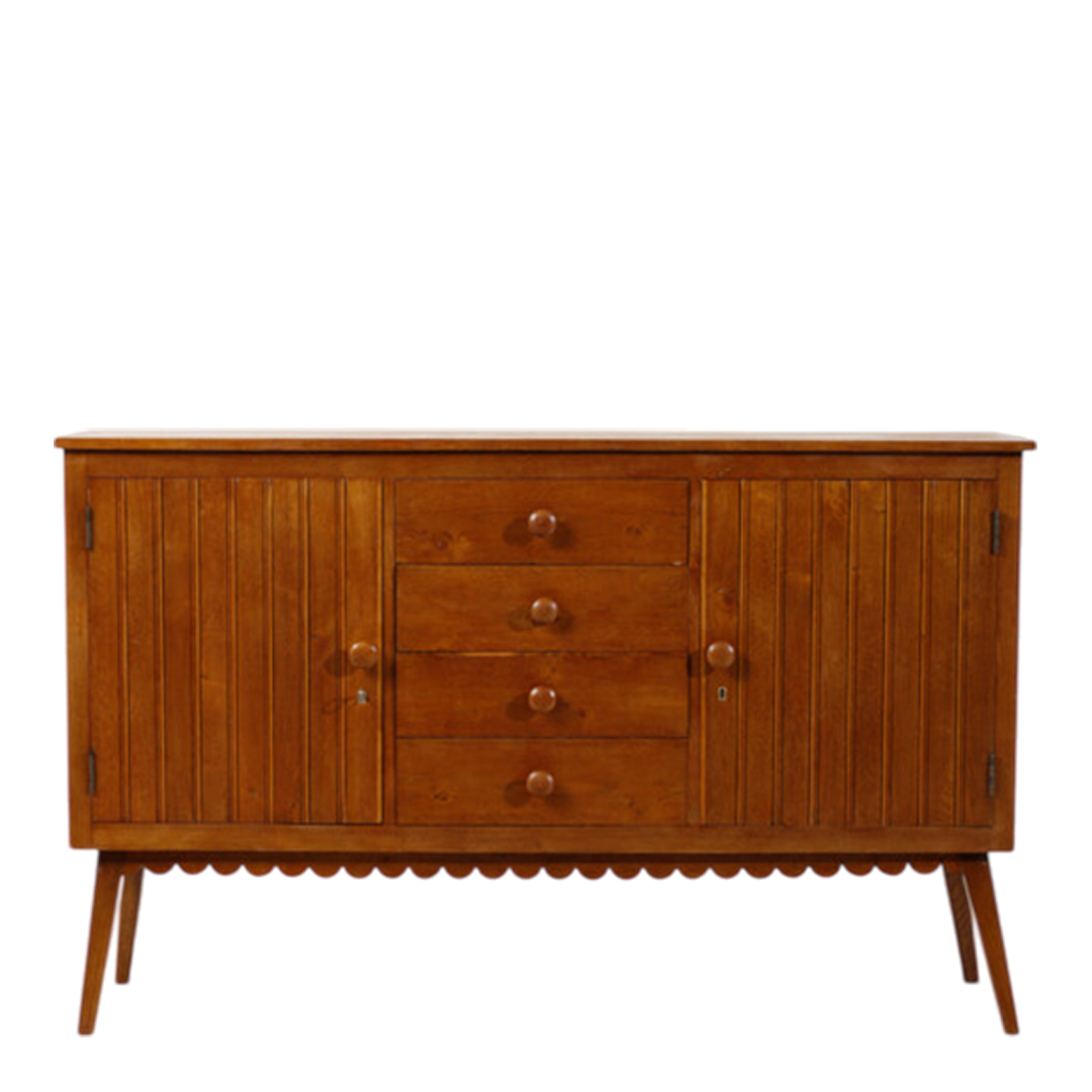 1950s Fiorentina : 2-door 67" cabinet in chestnut w/scalloped decor