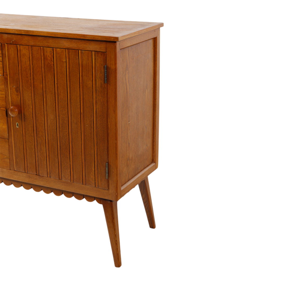 1950s Fiorentina : 2-door 67" cabinet in chestnut w/scalloped decor
