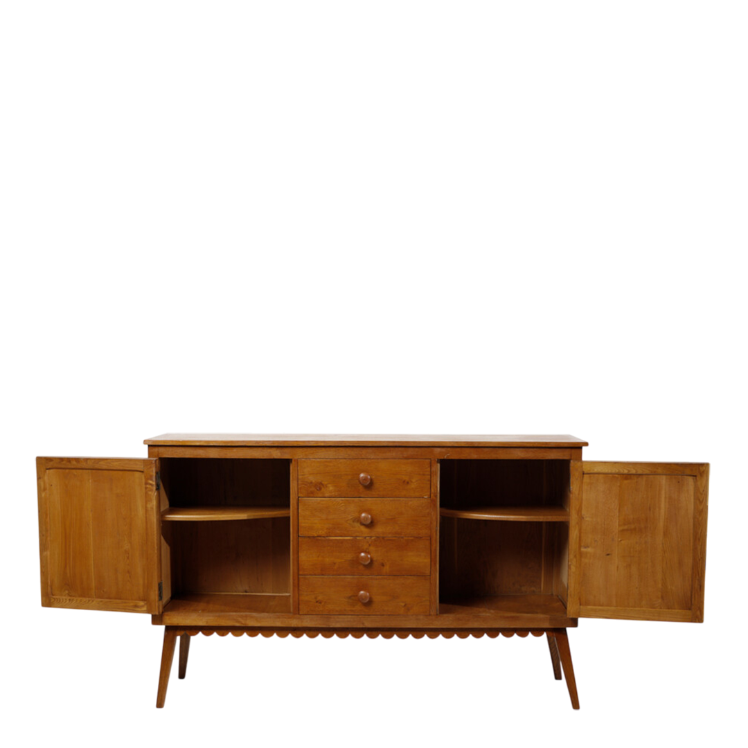 1950s Fiorentina : 2-door 67" cabinet in chestnut w/scalloped decor