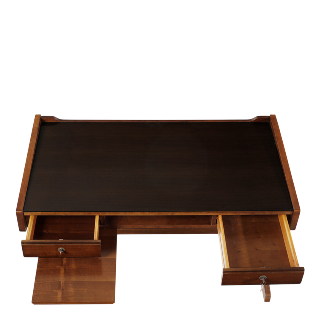 1960s Italian : small walnut writing desk with black glass top