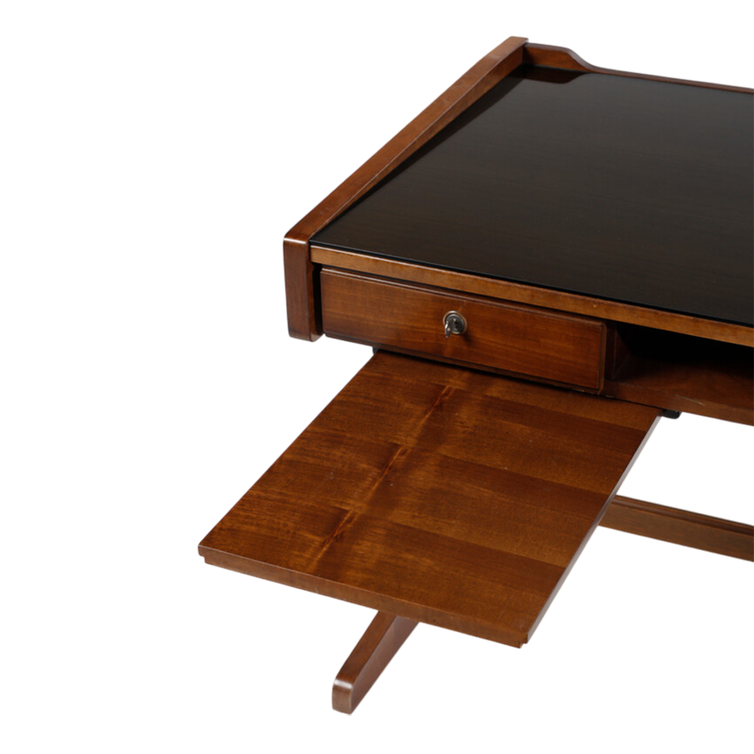 1960s Italian : small walnut writing desk with black glass top