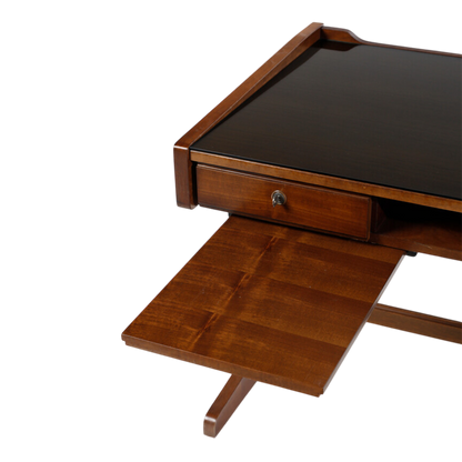 1960s Italian : small walnut writing desk with black glass top