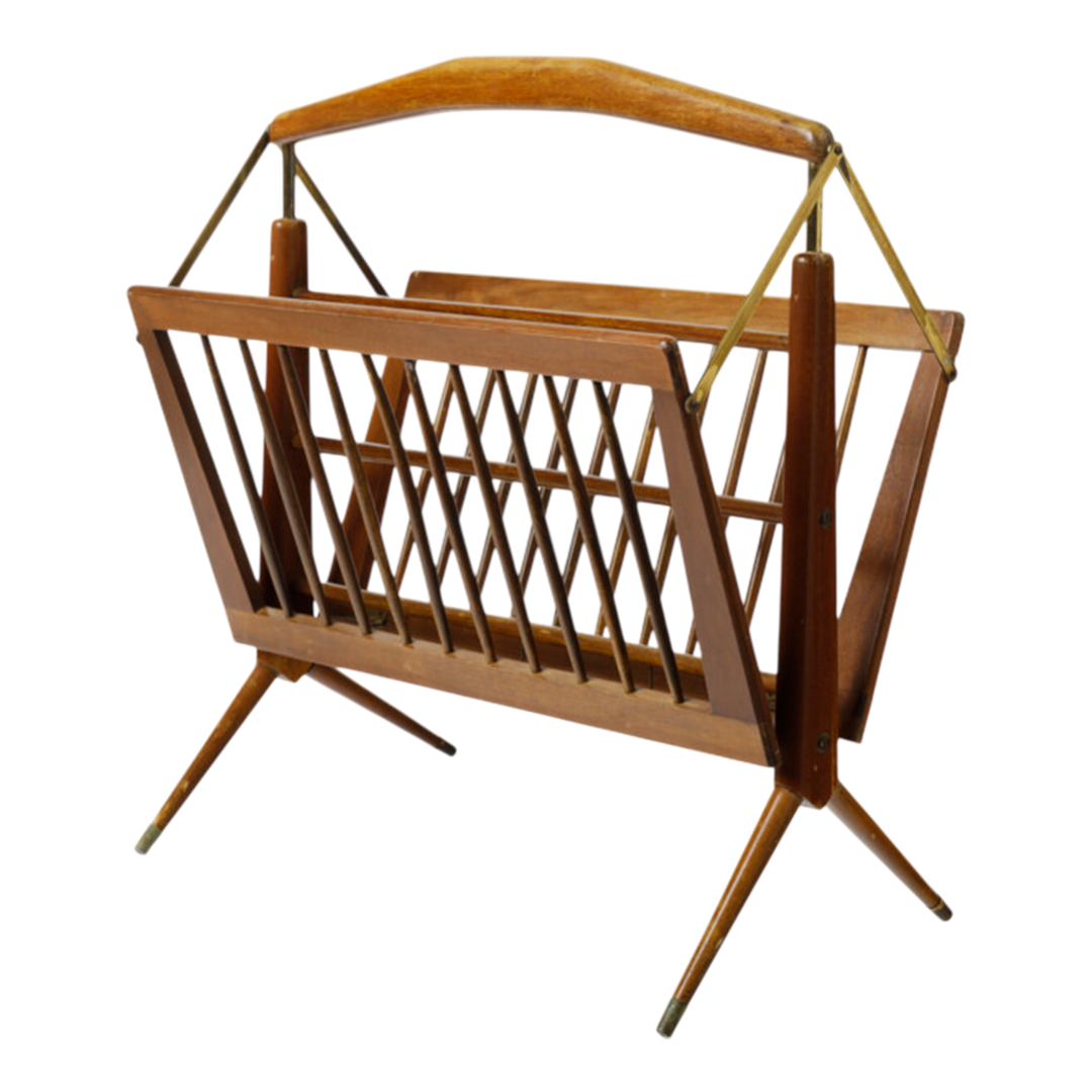 1950s Cesare Lacca : folding wood & brass magazine rack