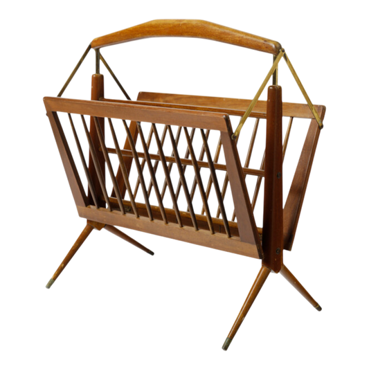 1950s Cesare Lacca : folding wood & brass magazine rack