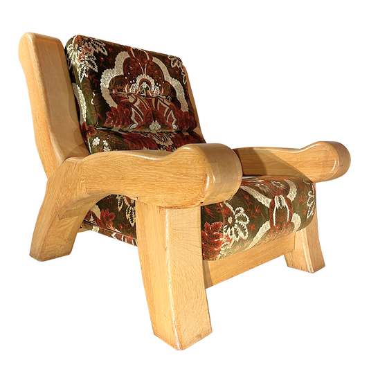 1960s French : pair solid oakwood brutalist lounge chairs