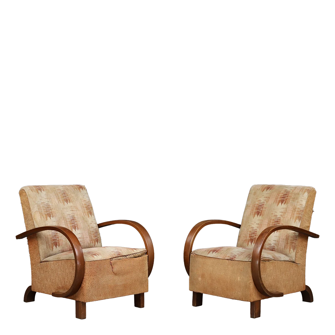 1930s Czech : pair of bent beechwood armchairs, original fabric