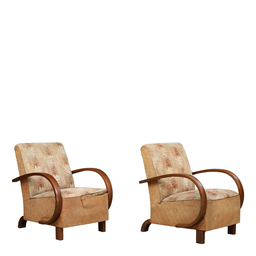 1930s Czech : pair of bent beechwood armchairs, original fabric