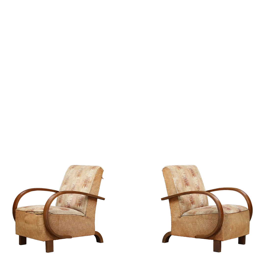 1930s Czech : pair of bent beechwood armchairs, original fabric