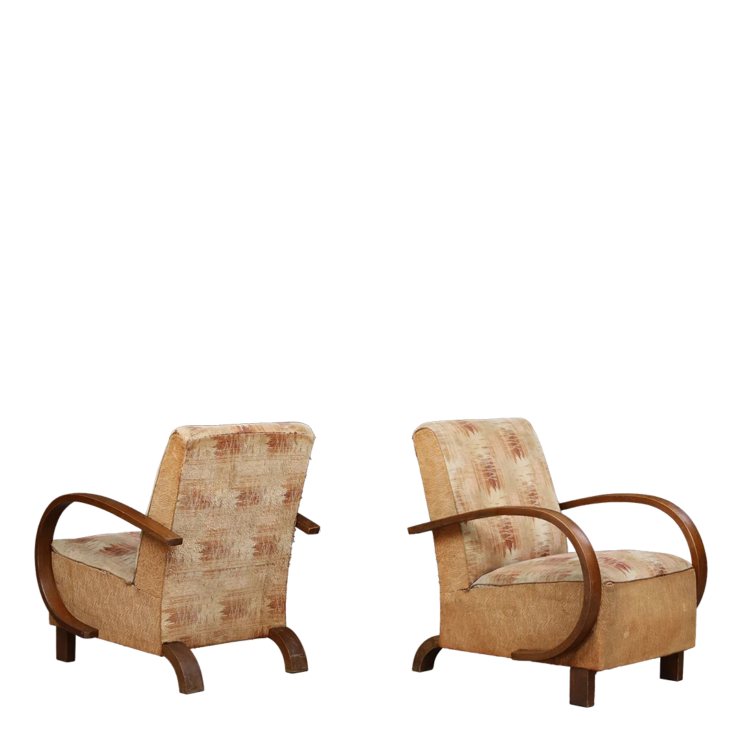1930s Czech : pair of bent beechwood armchairs, original fabric