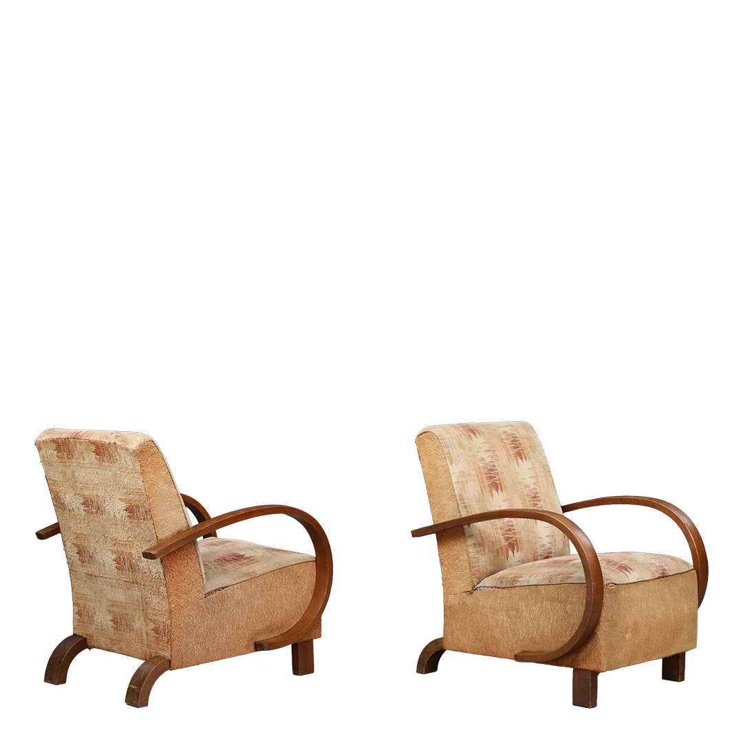 1930s Czech : pair of bent beechwood armchairs, original fabric