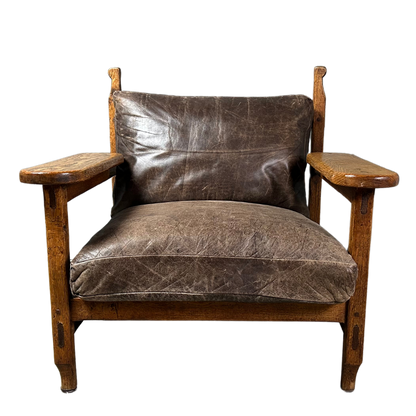 1970s French Brutalist : solid oakwood & leather lounge chair