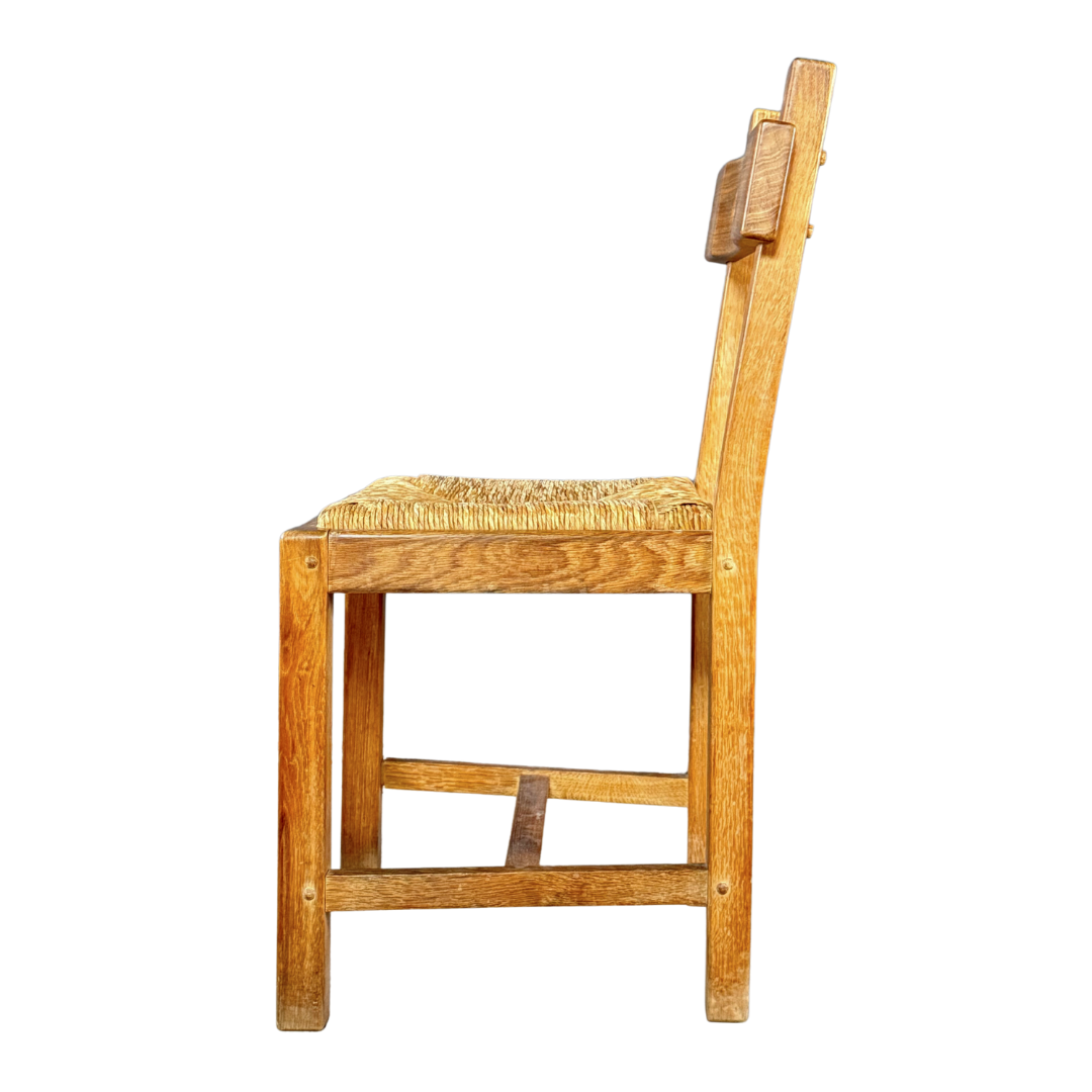 1940s French : set six French provincial oak & natural rush dining chairs