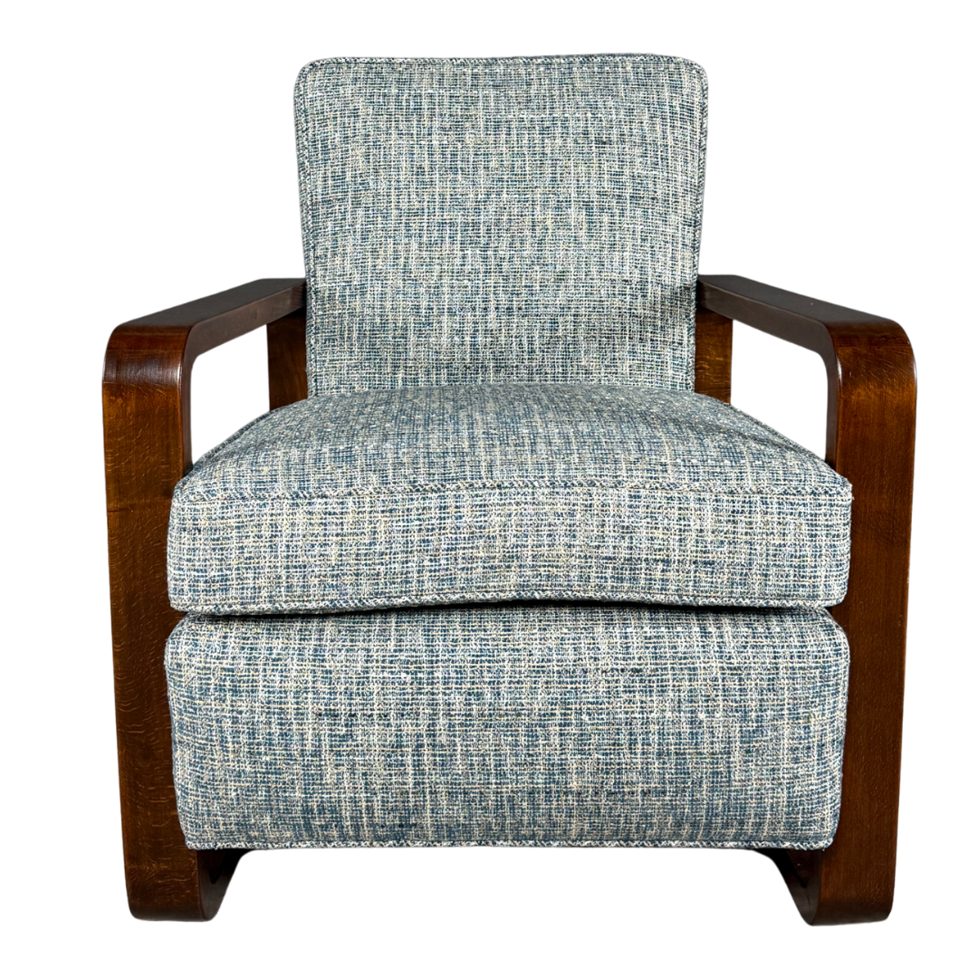 1930s Bauhaus : Czech figured walnut armchairs, w/ Harris Tweed