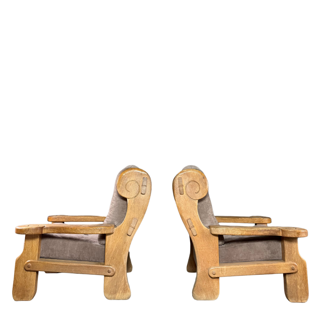 1970s French : pair large brutalist oakwood lounge chairs