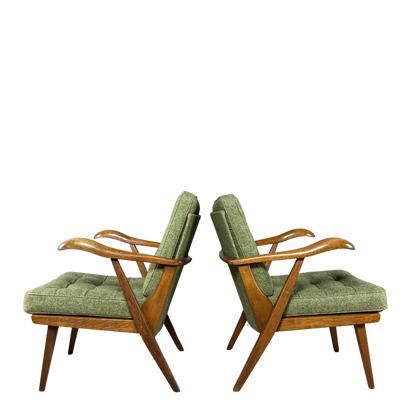 1950s French : dark stained oakwood lounge chair w/felted wool