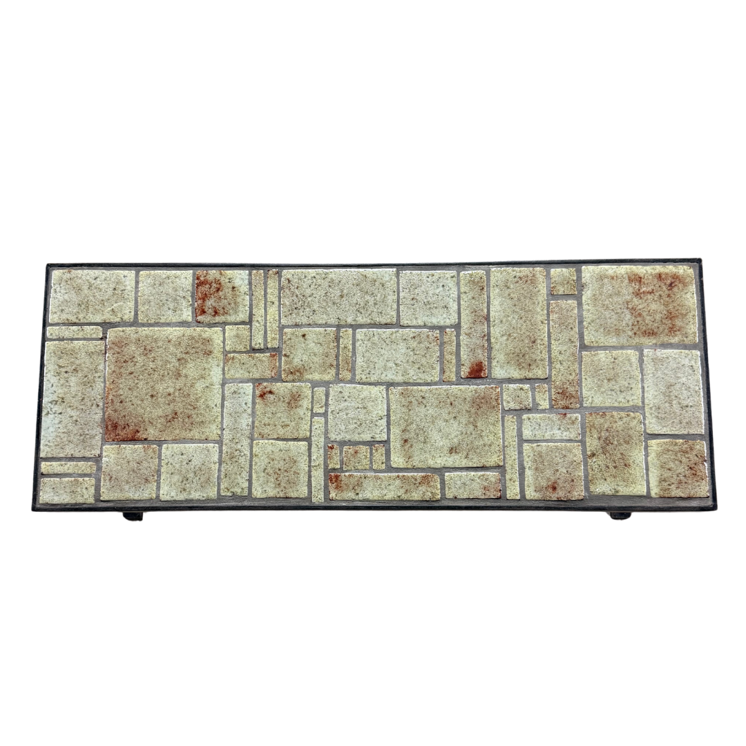 1970s French : blackened iron coffee table w/ceramic tile top