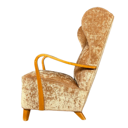 1950s Swedish : gold velvet tall back bergère armchair