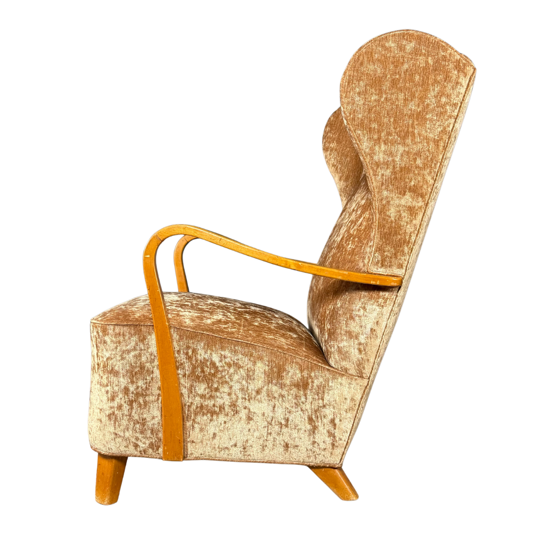 1950s Swedish : gold velvet tall back bergère armchair