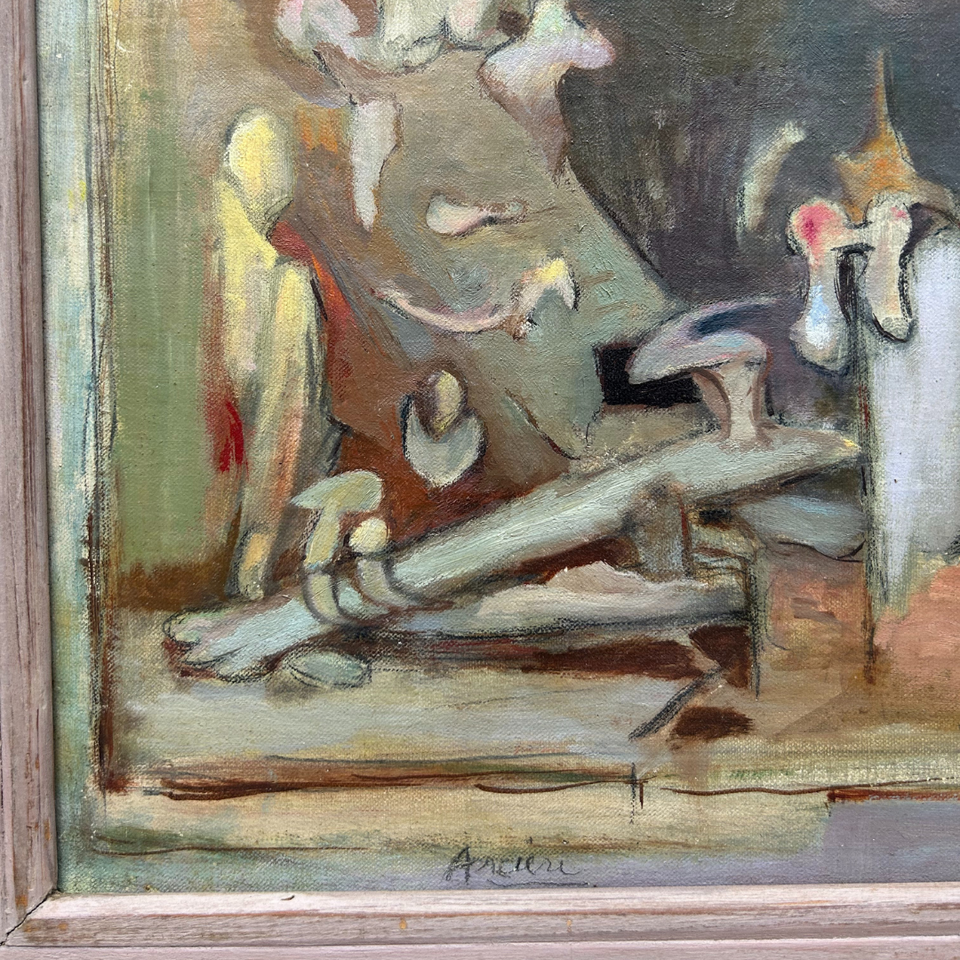 Mid-Century Eugene Arcieri : 15" x 13.5" abstract surrealist o/b, Woodstock artist