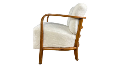 1950s Thonet oakwood & natural shearling armchair, Czech