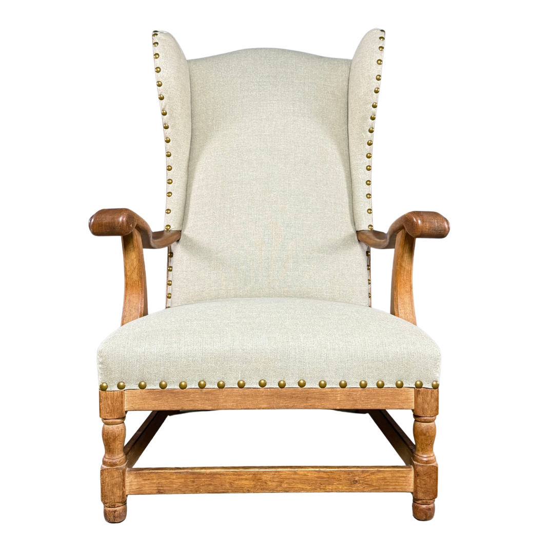 1940s Danish : solid oakwood tall wingback armchair w/ new upholstery