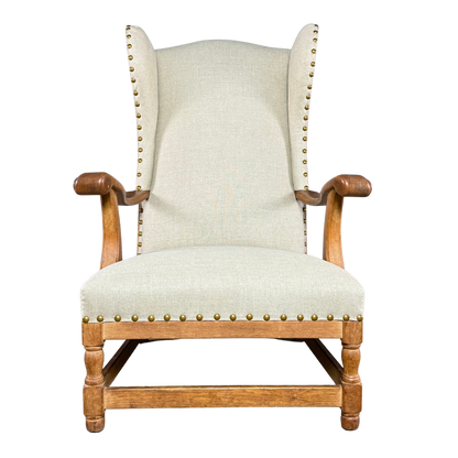 1940s Danish : solid oakwood tall wingback armchair w/ new upholstery