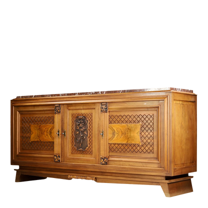 1940s French : elaborate walnut 75" sideboard w/blackened wood top