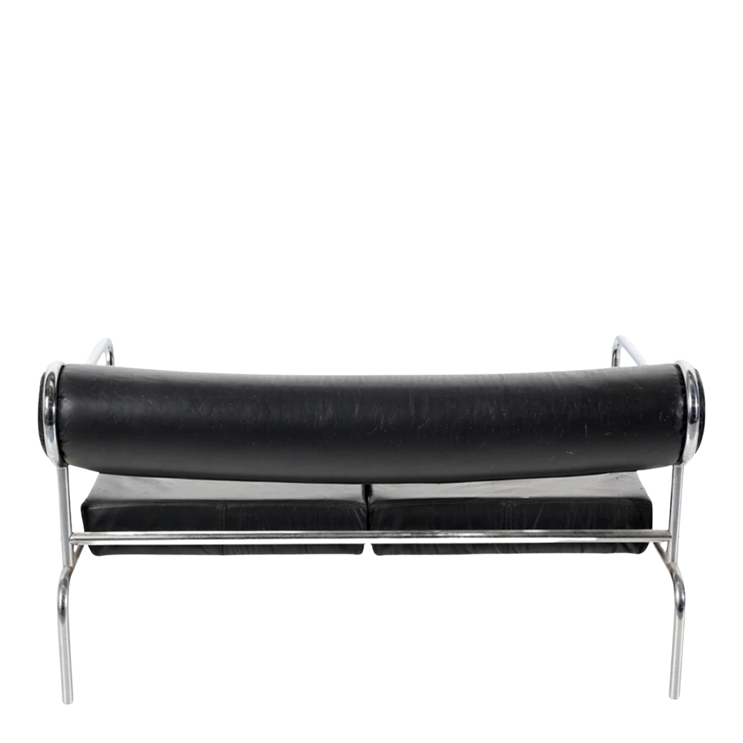 1980s Shiro Kuramata : 2-seat black leather & chrome sofa, Italy