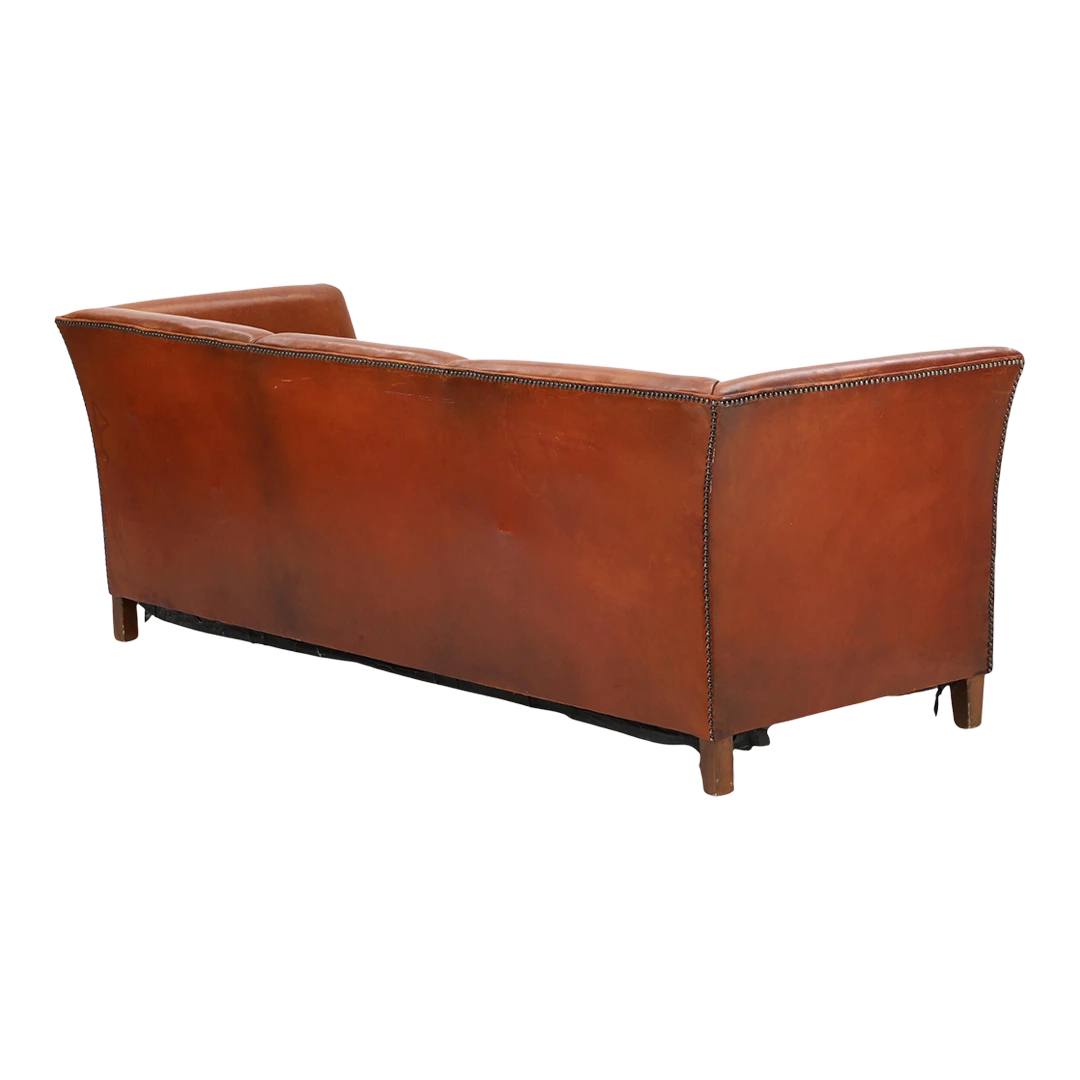 1940s Danish : cognac leather & velvet 3-seat flared arm sofa