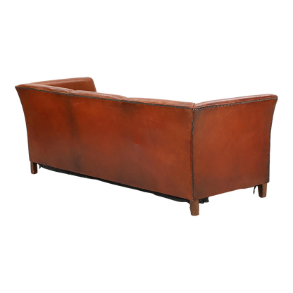 1940s Danish : cognac leather & velvet 3-seat flared arm sofa