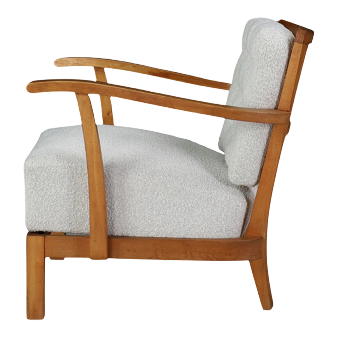 1950s French : slatted elmwood armchair with white bouclé