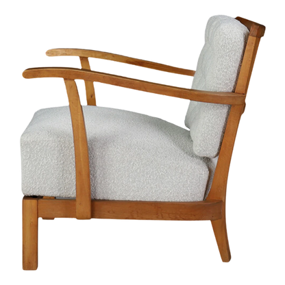 1950s French : slatted elmwood armchair with white bouclé