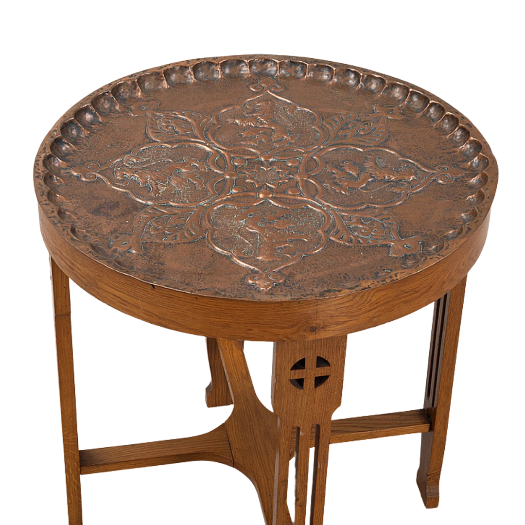 c1915 Arts & Crafts : pierced oak side table with copper top