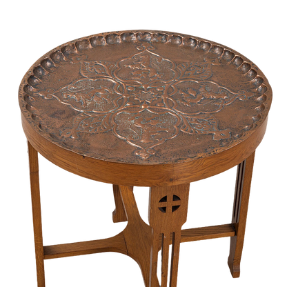 c1915 Arts & Crafts : pierced oak side table with copper top