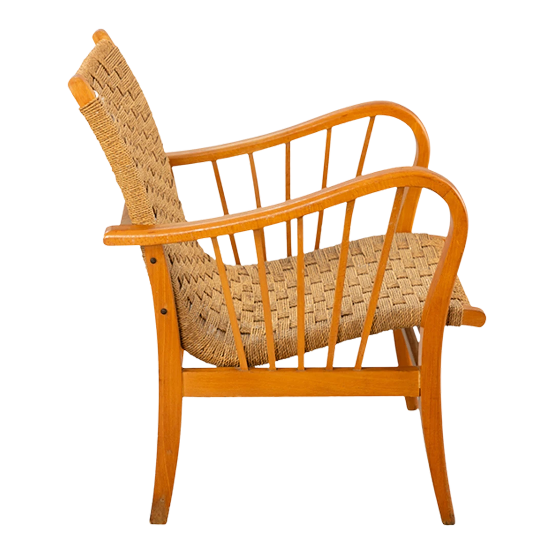 1950s Erich Dieckmann style : corded rope and beechwood armchair